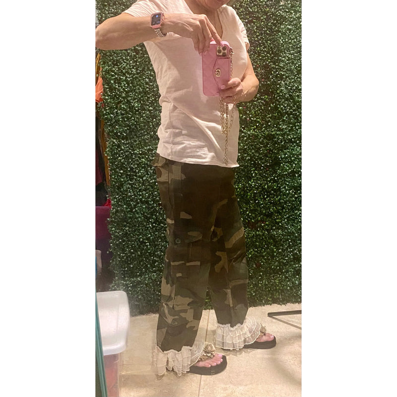 Camo Cargo Pants with Ruffle Hem