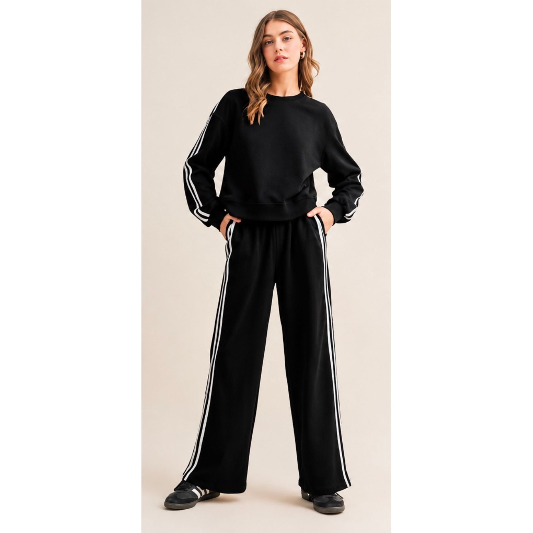 Black Stripe Sleeve Wide Leg Jogger Set
