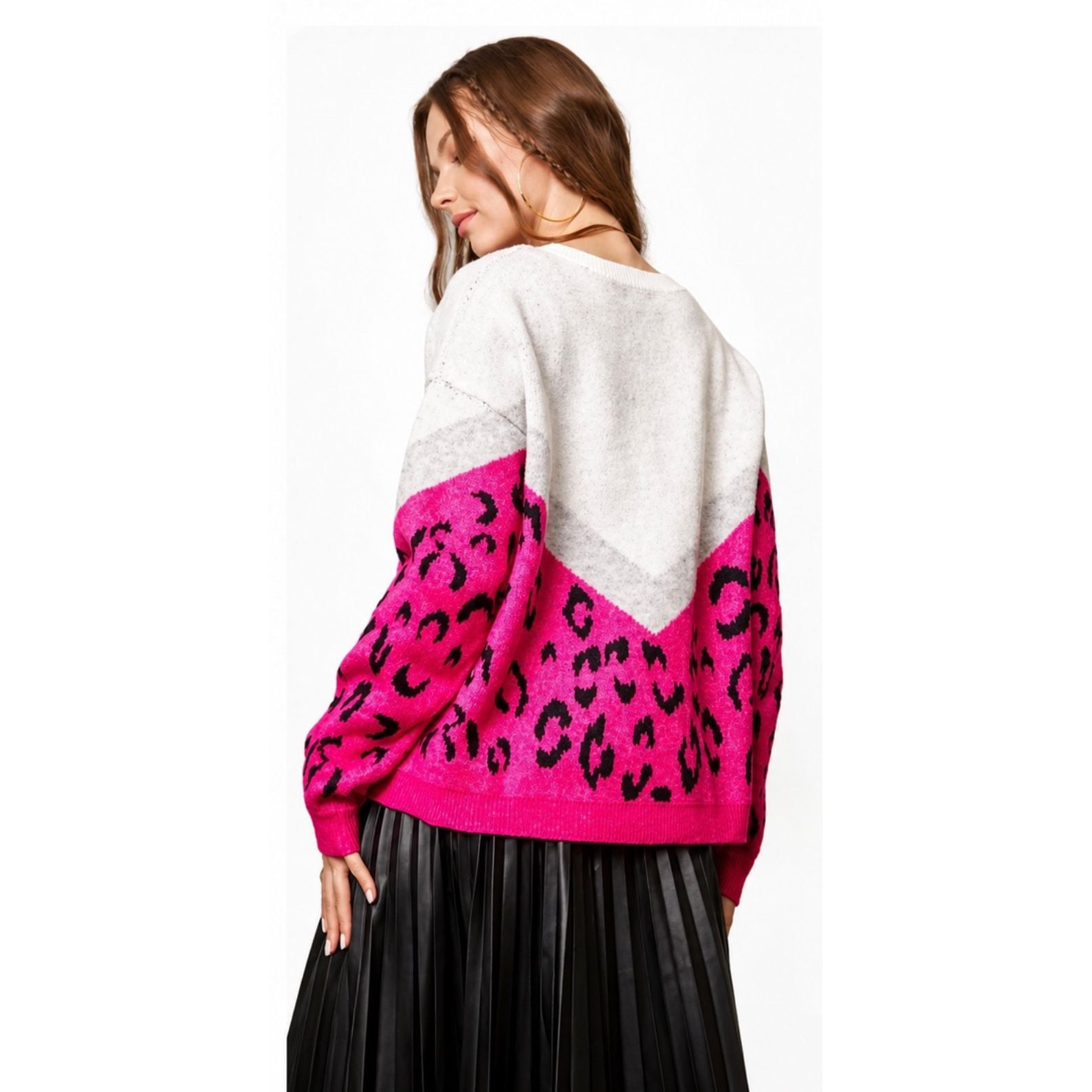 Color Block Hot Pink Leopard Sweater