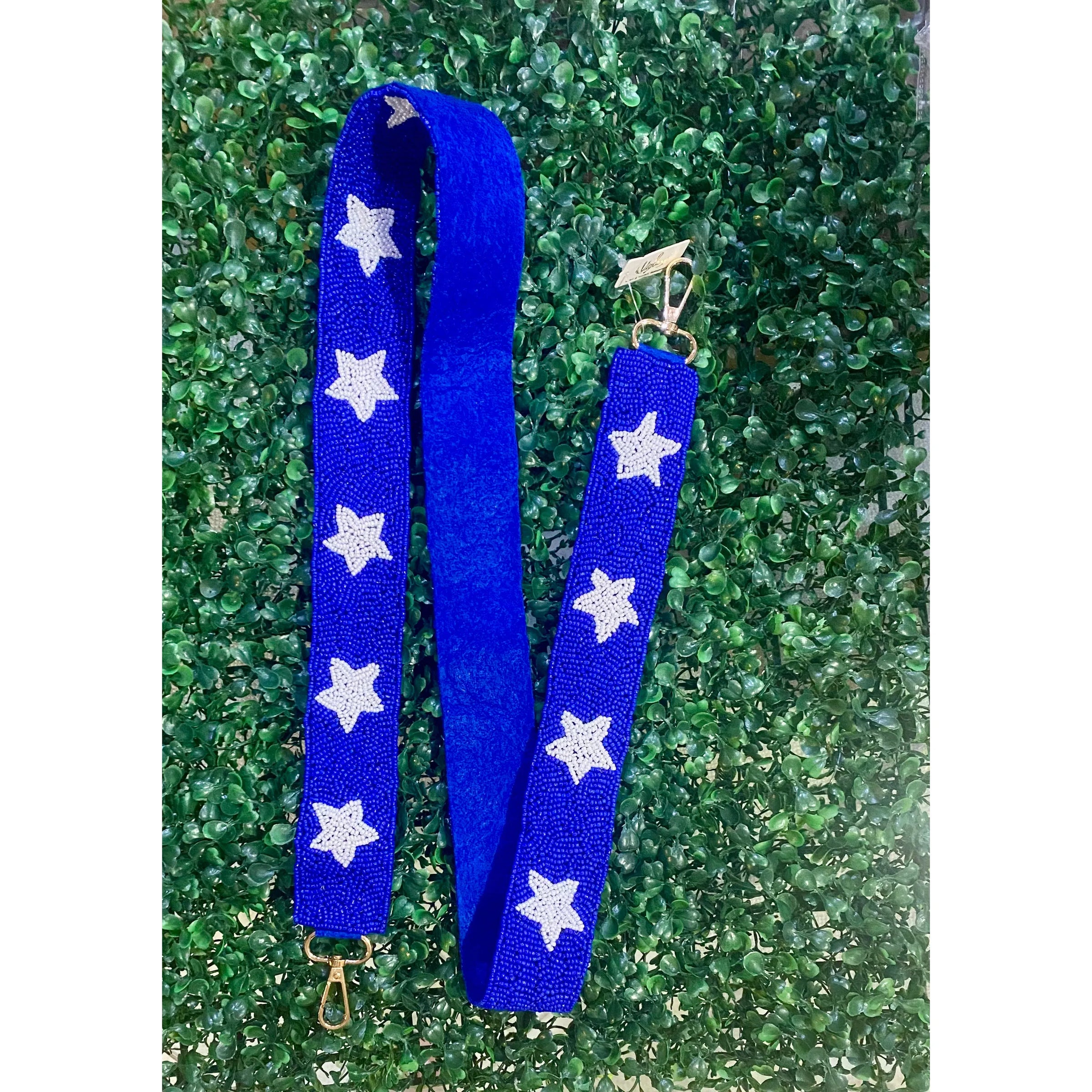 Blue Beaded Purse Strap with White Stars