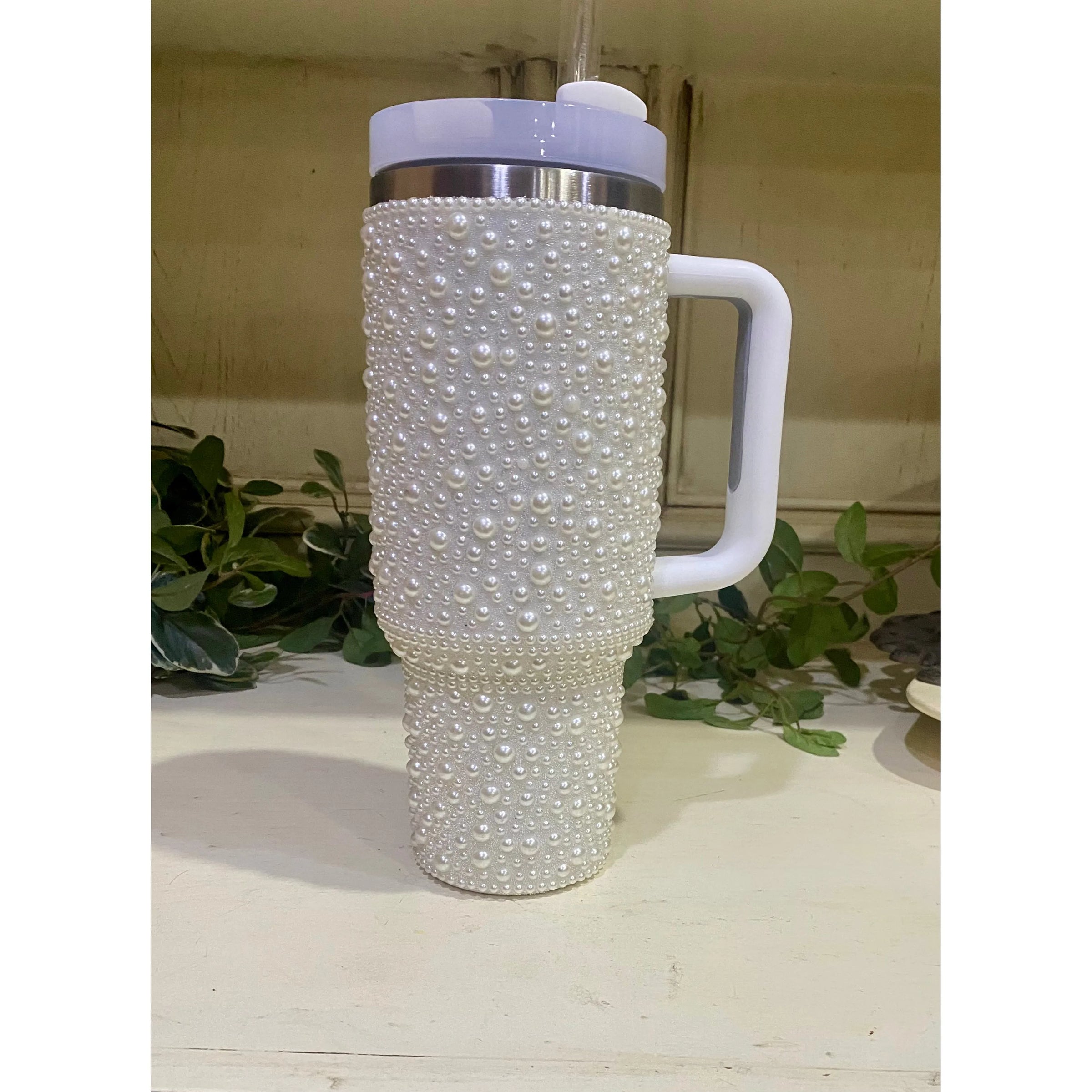 White Pearl Rhinestone 40 oz Stainless Steel Tumbler with Handle