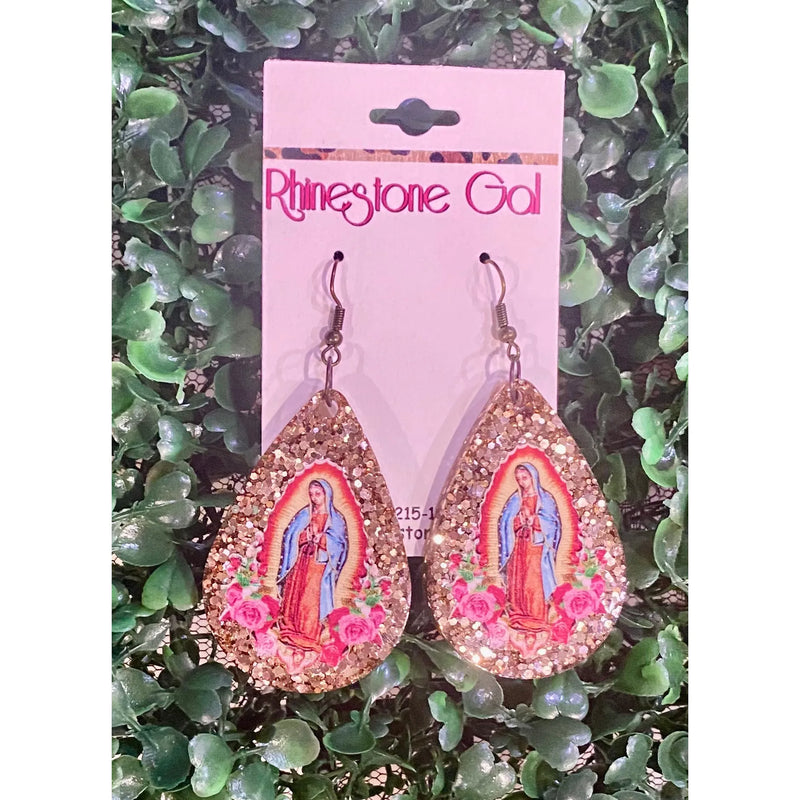 Our Lady of Guadalupe Acrylic Teardrop Glitter Earrings