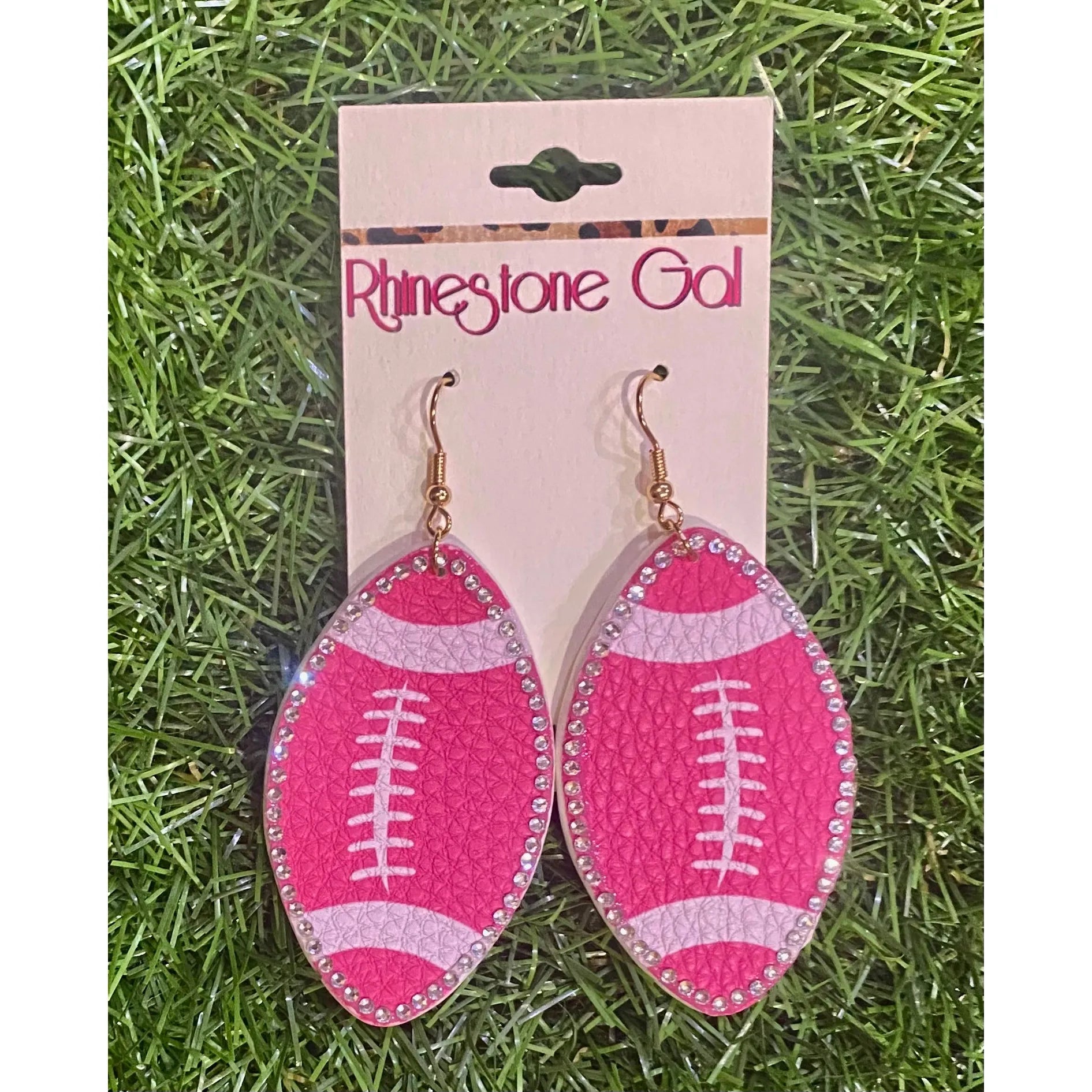 Pink Football Earrings Outlined with Rhinestones