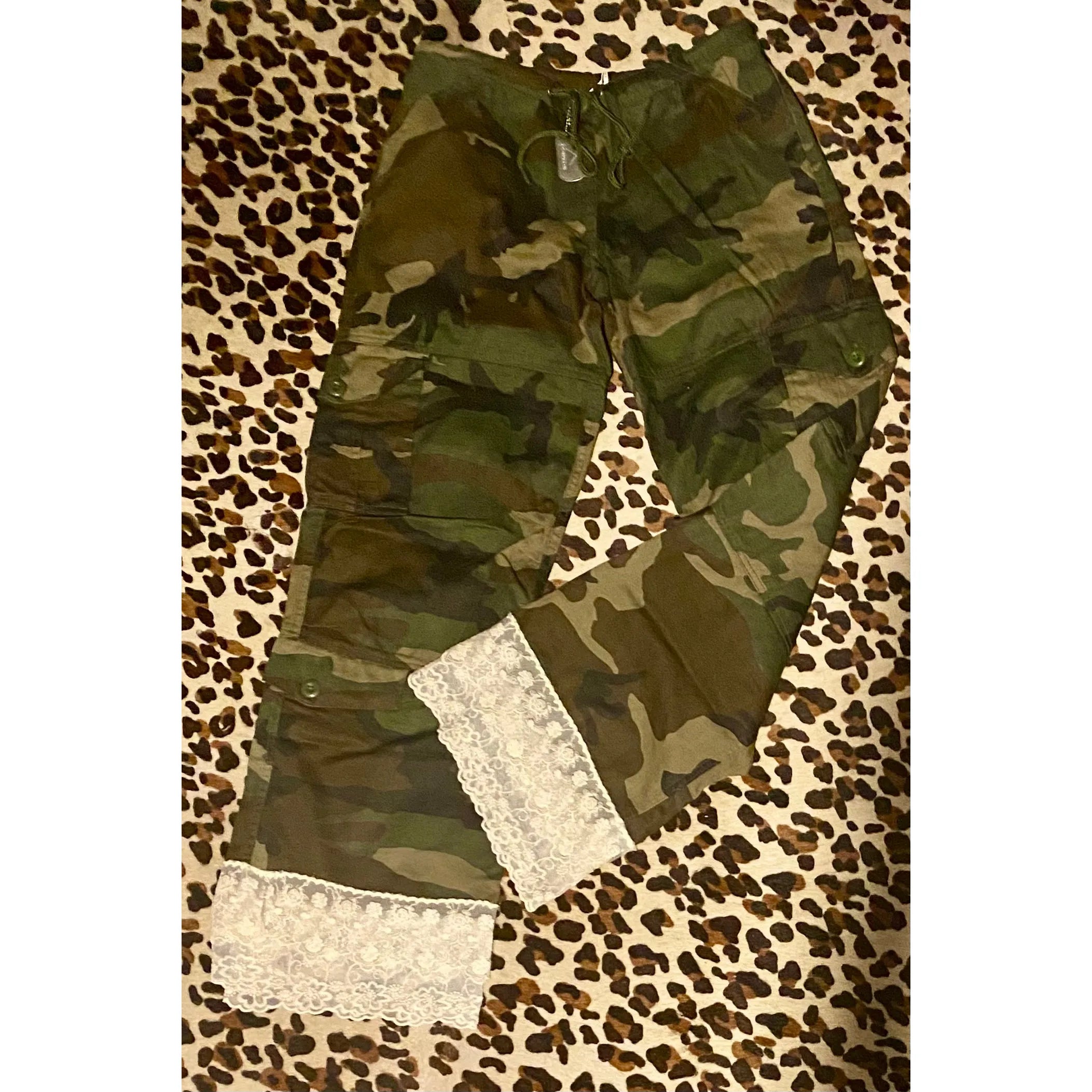 Camo Cargo Pants with Layered Lace Hem