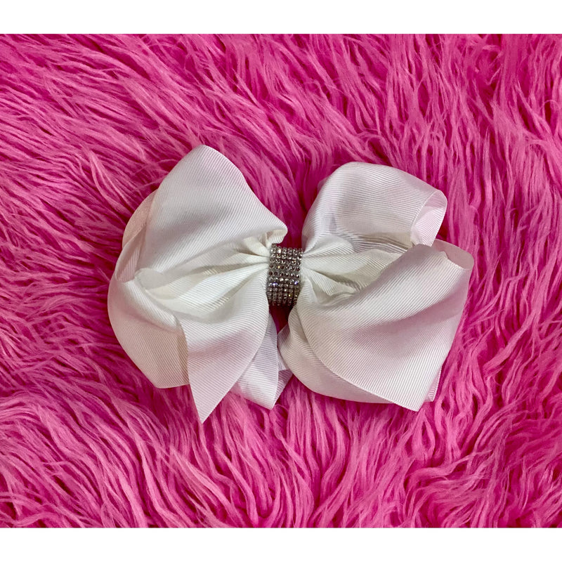 White Hair Bow with Rhinestone Center