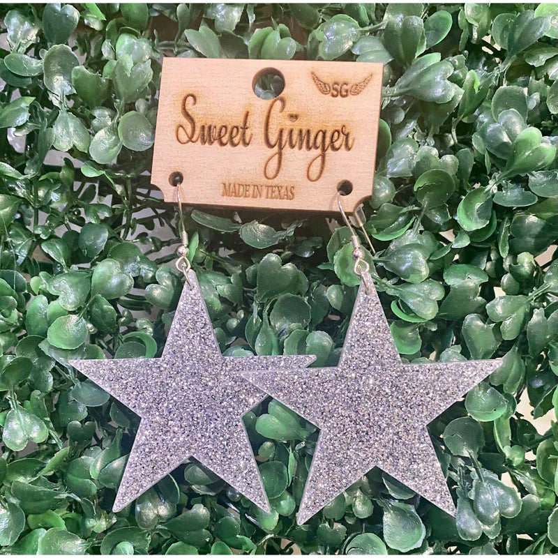 Silver Glitter Star Earrings – Sweet Ginger Acrylic Dallas Cowboy Inspired Earrings