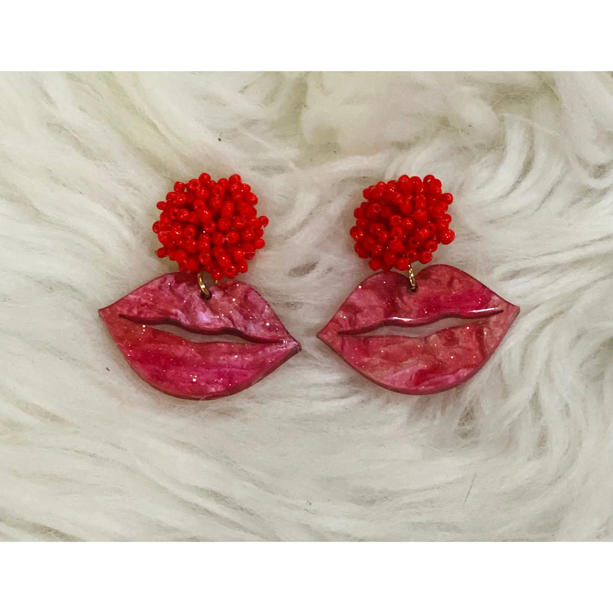 Red Frosted Lip Earrings with Seed Bead Topper - Rhinestone Gal