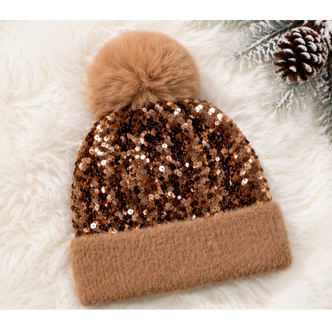 Girls Sequin Beanie with Pom Pom