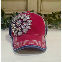 Patriotic Rhinestone Flower Distressed Baseball Cap