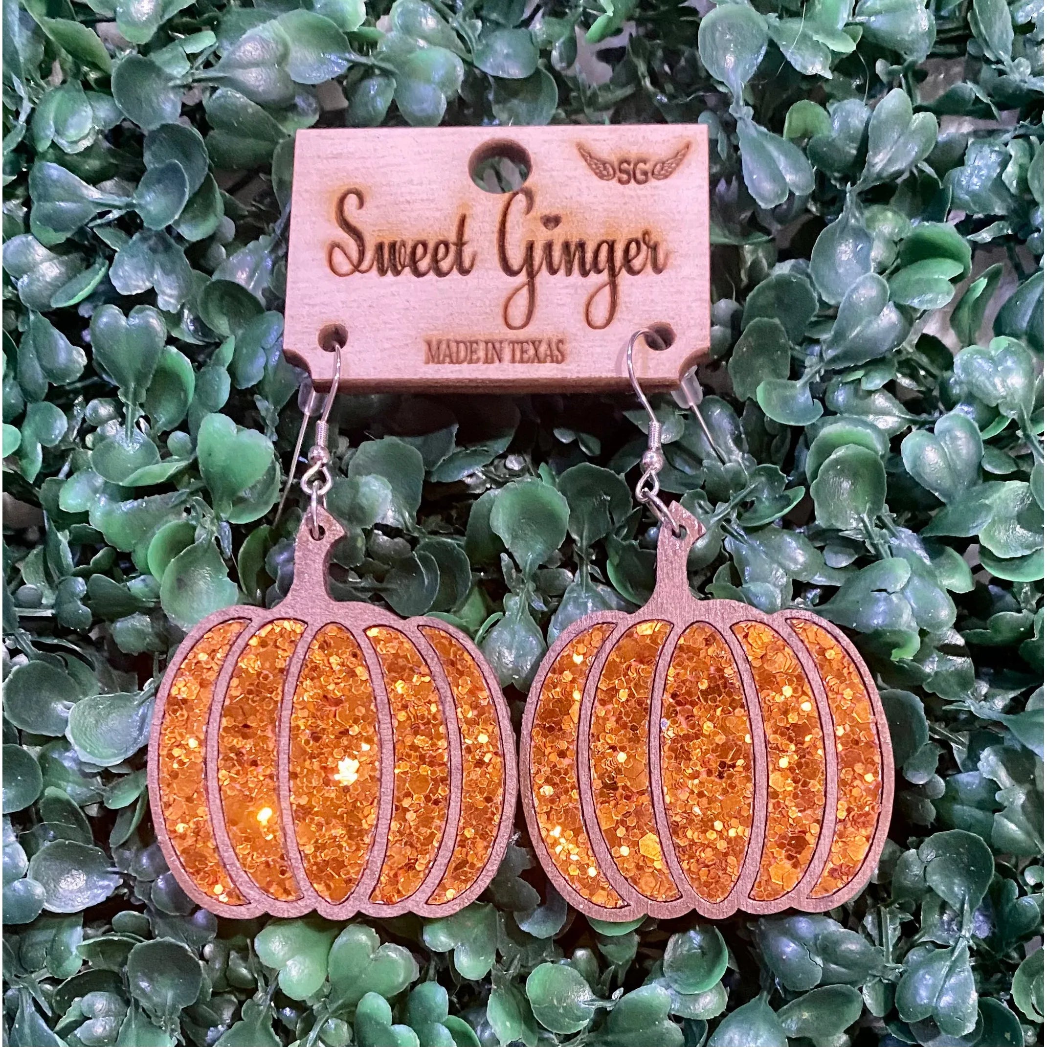 Orange Glitter Pumpkin Wood Earrings