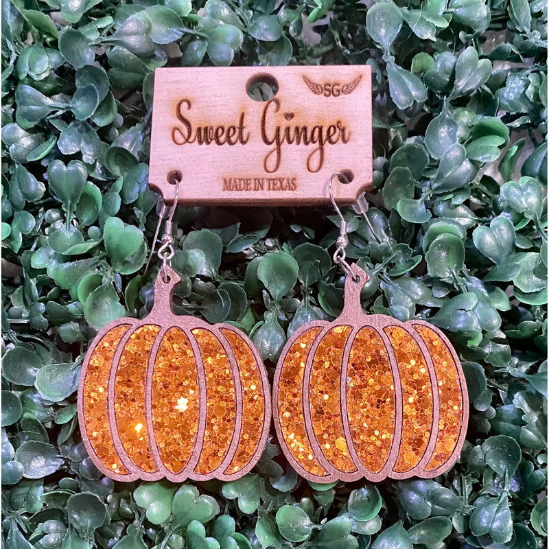 Orange Glitter Pumpkin Wood Earrings