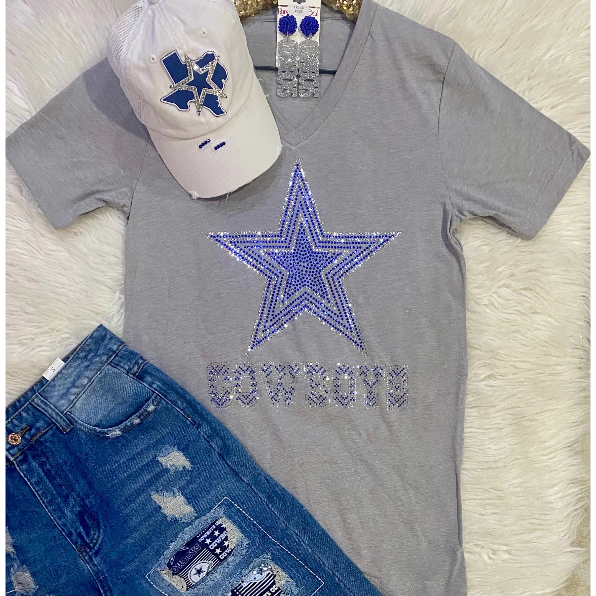 Gray Dallas Cowboys Rhinestone V-Neck Tee