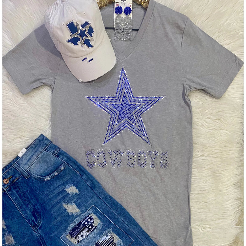 Gray Dallas Cowboys Rhinestone V-Neck Tee