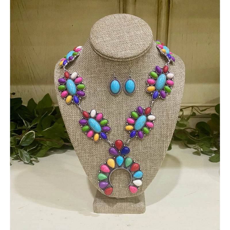 Multi Stone Squash Blossom Necklace & Earring Set