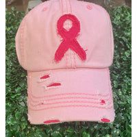 Distressed Vintage Cap with Pink Breast Cancer Ribbon