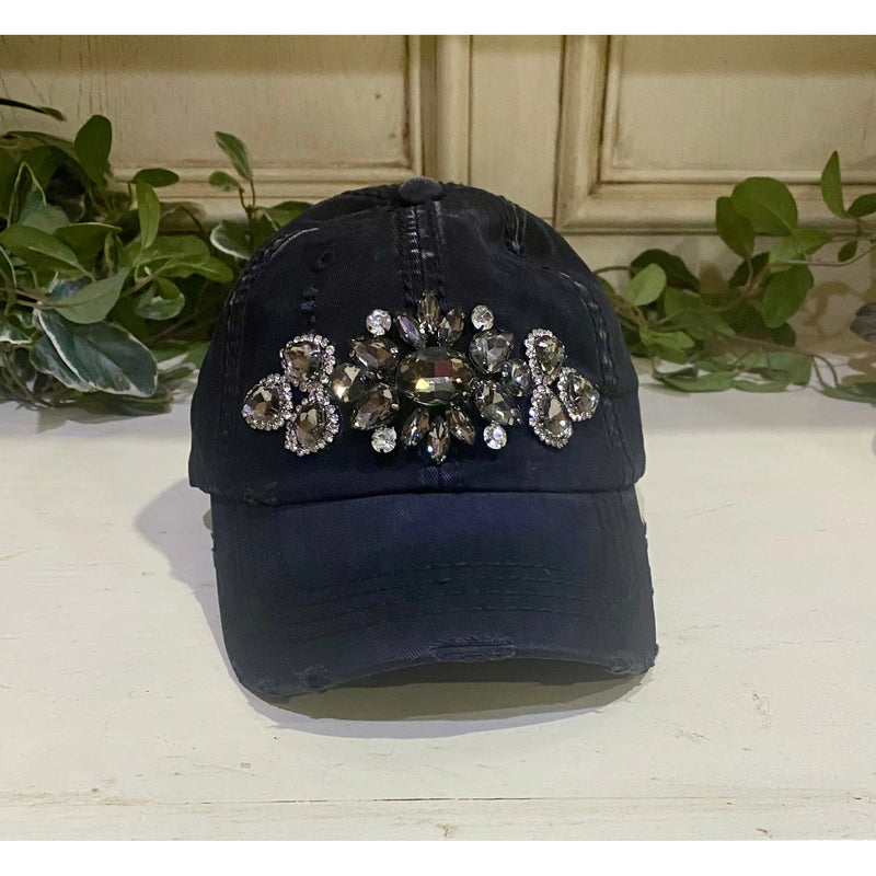 Black Distressed Baseball Cap with Smokey Black Crystal Embellishments