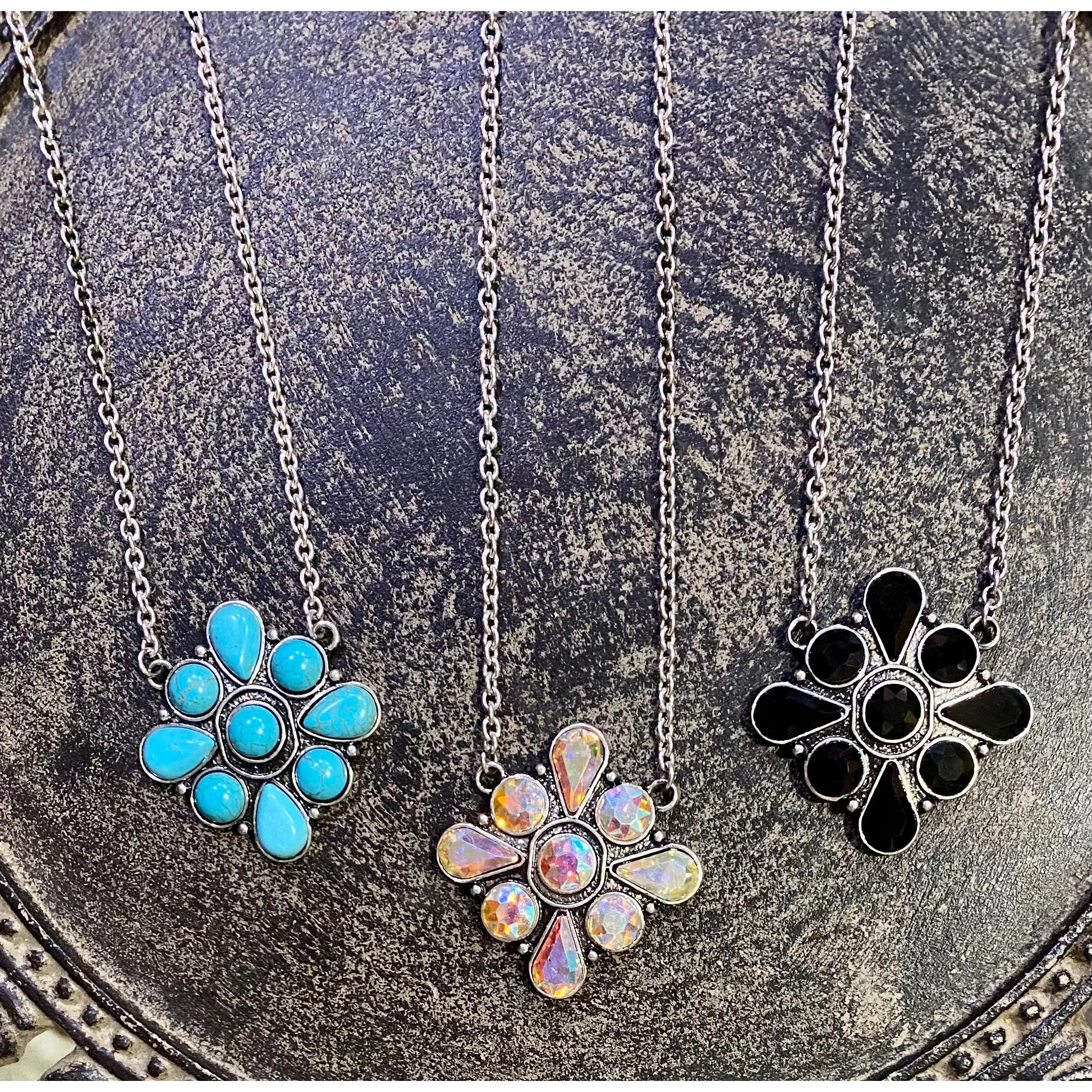 Floral Cluster Pendant Necklace – Turquoise, Black & Iridescent Stones