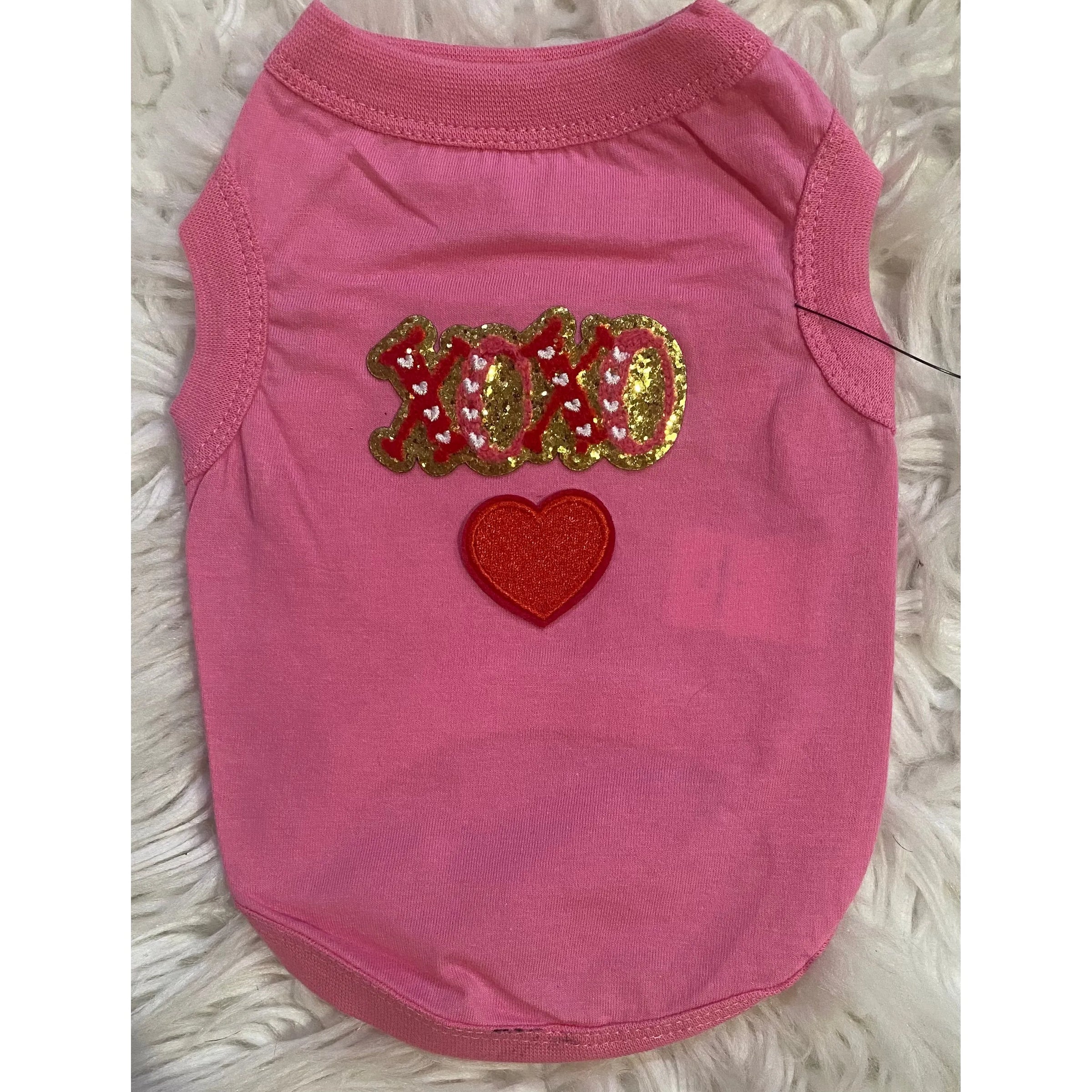 Valentine’s Pink Dog Tank – Patch & Rhinestone Flaming Rose Design