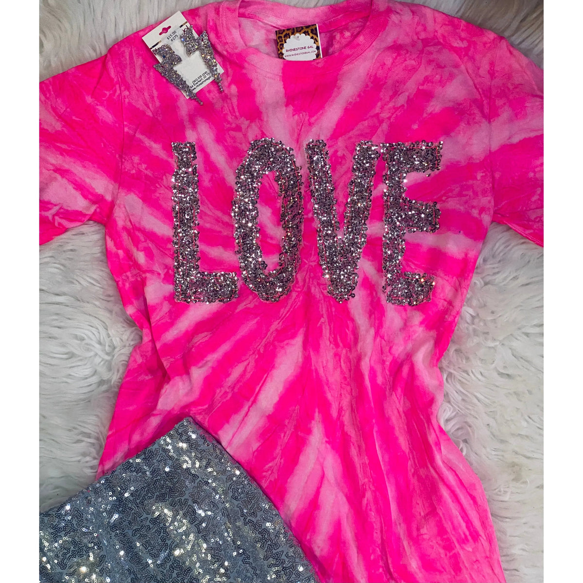 Sequin Love Neon Tie Dye Pink Tee - Rhinestone Gal