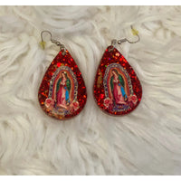 Our Lady of Guadalupe Acrylic Teardrop Glitter Earrings - Rhinestone Gal