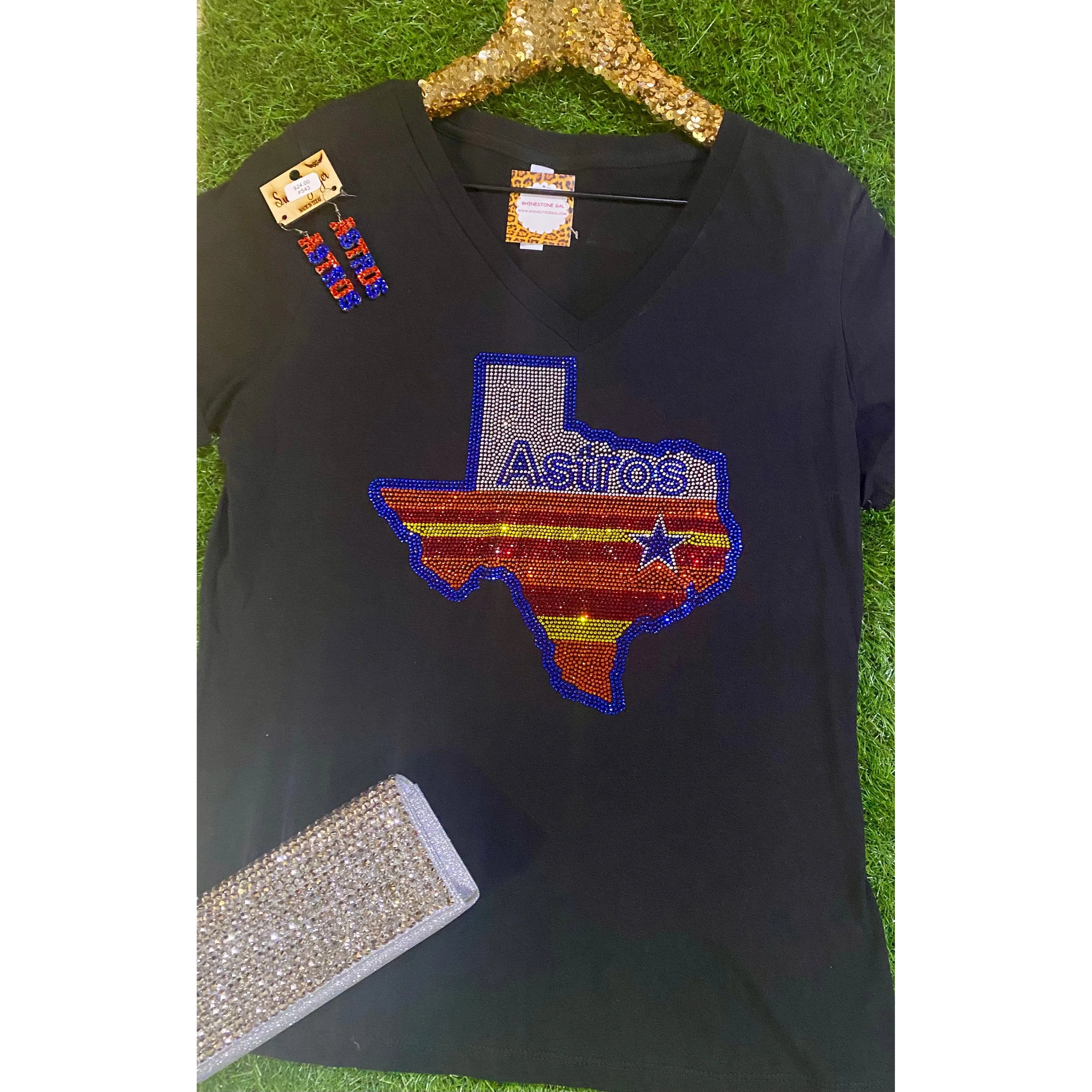 Texas Astros Rhinestone V Neck Black Tee