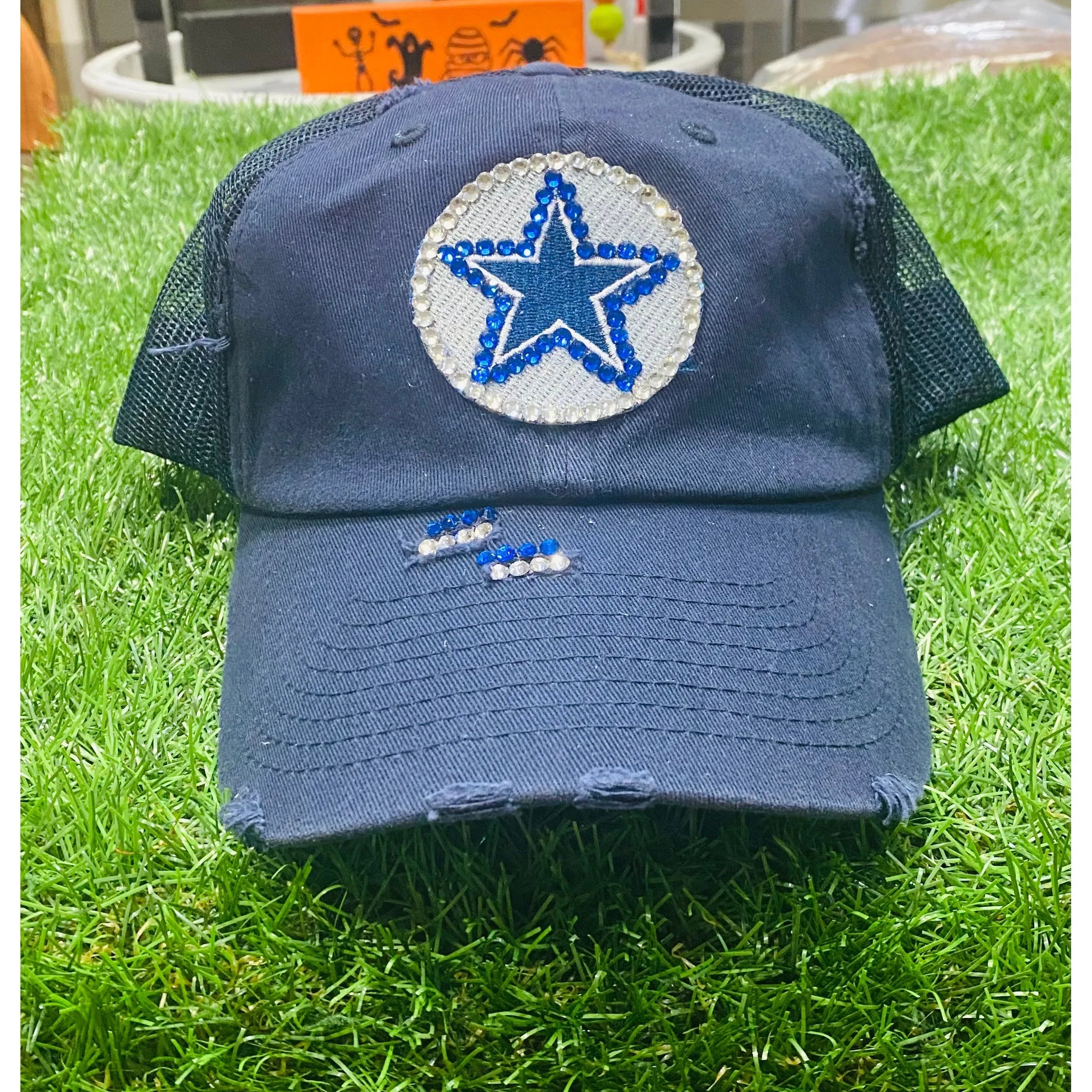 Navy Distressed Truckers Cap with Embellished Cowboys Emblem