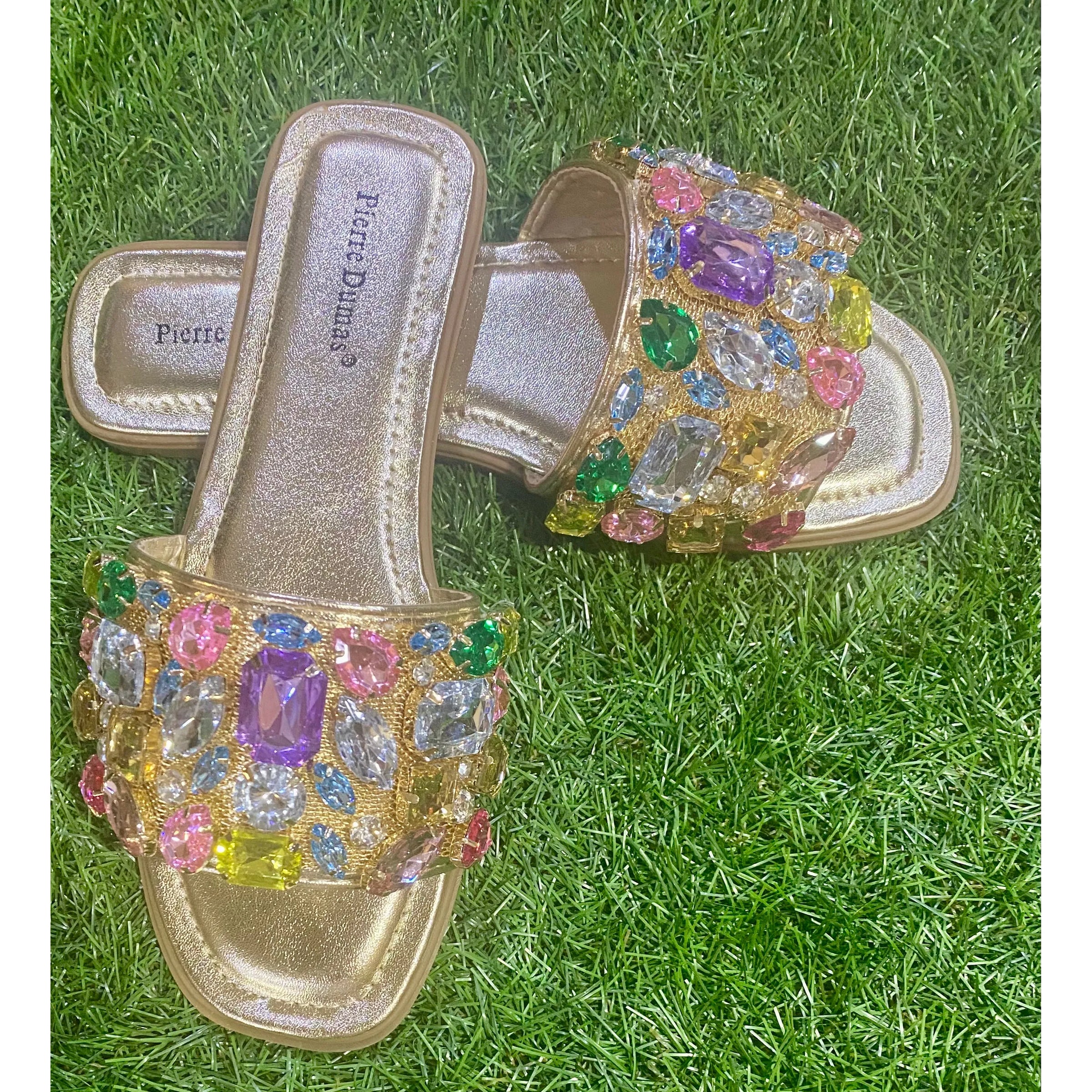Pierre Dumas Multicolor Gem Embellished Slide Sandals