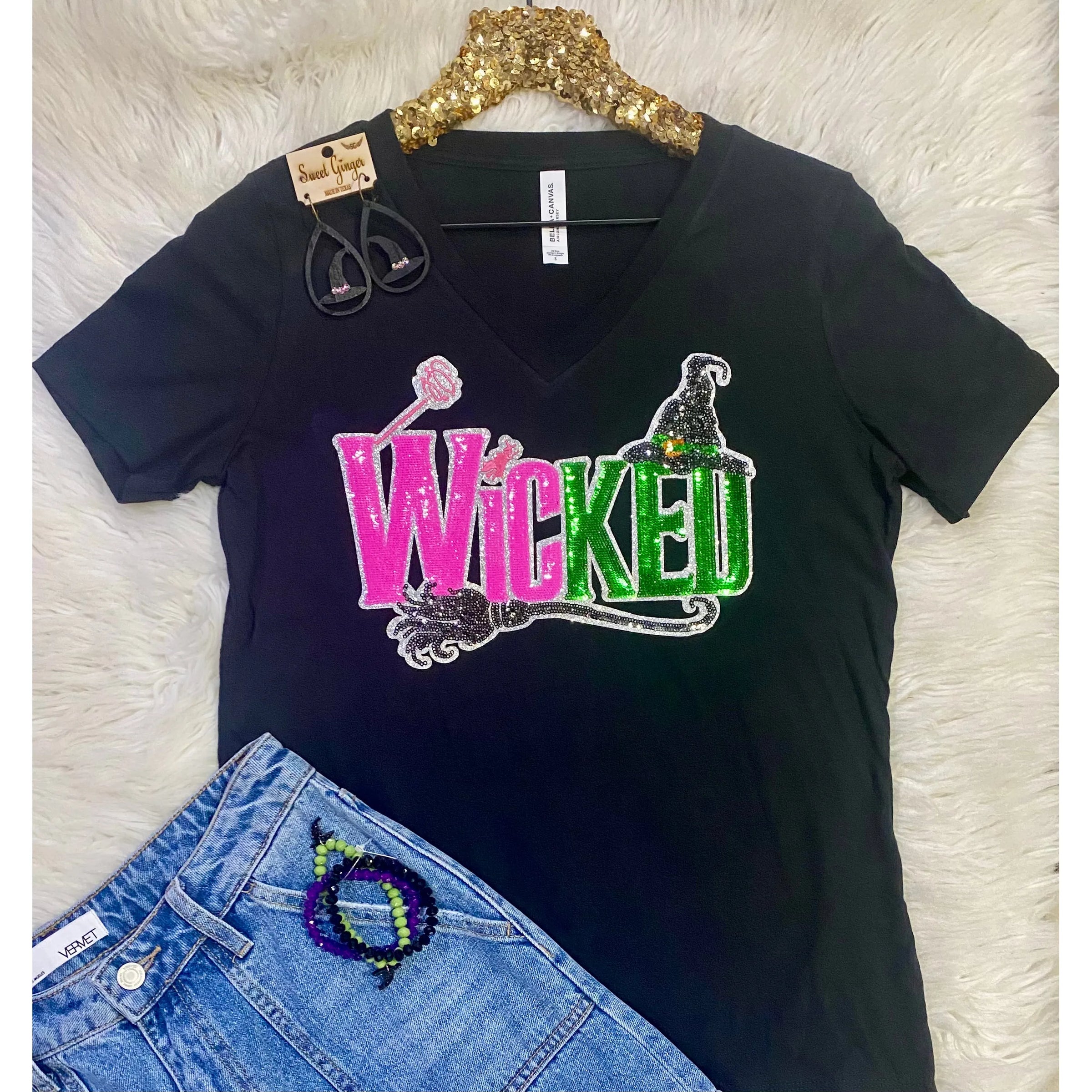 Wicked Sequin Patch Black V-Neck Tee