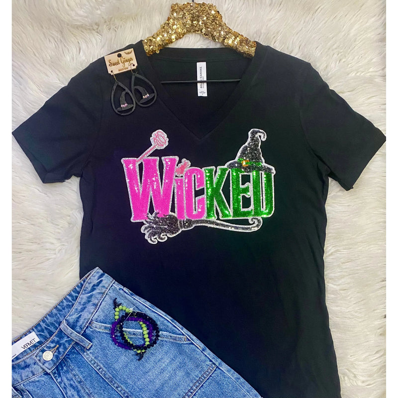 Wicked Sequin Patch Black V-Neck Tee
