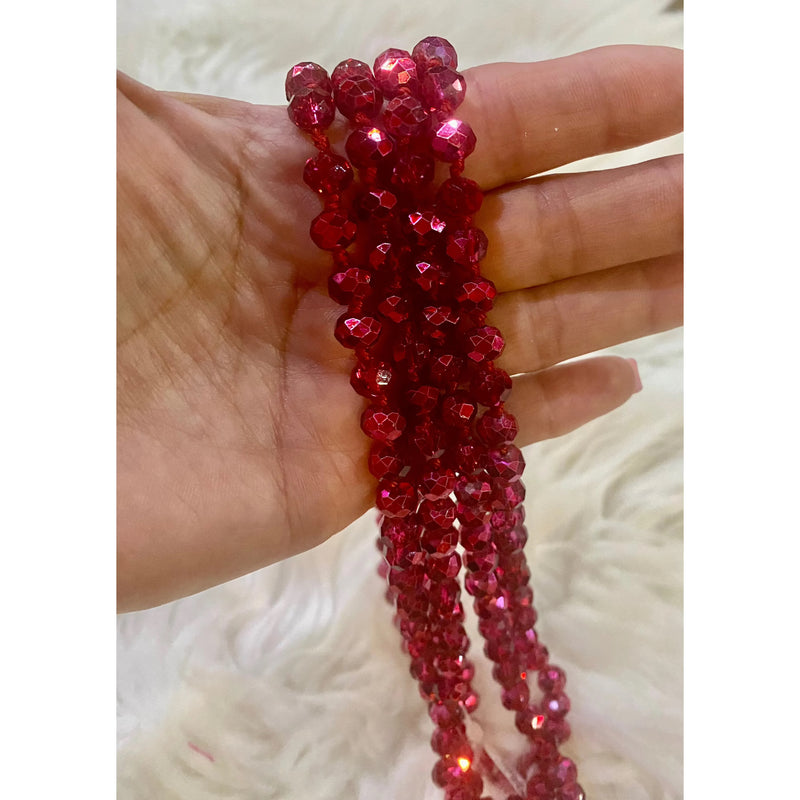 Long Ruby Metallic Beaded Necklace