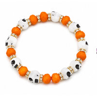Sugar Skull Beaded Stretchy Bracelet with Rhinestone Spacers