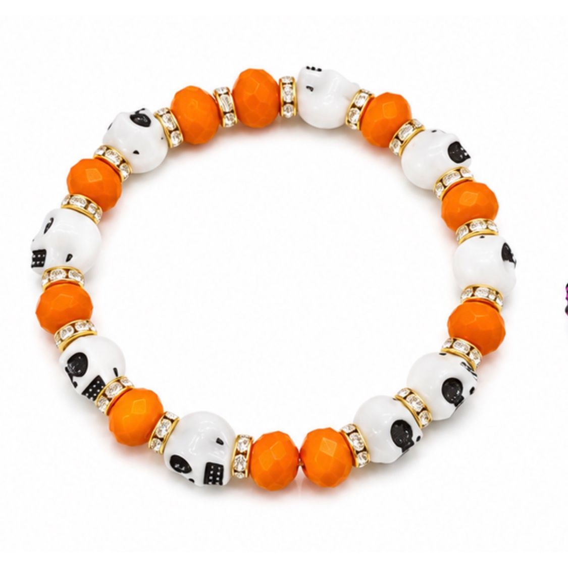 Sugar Skull Beaded Stretchy Bracelet with Rhinestone Spacers