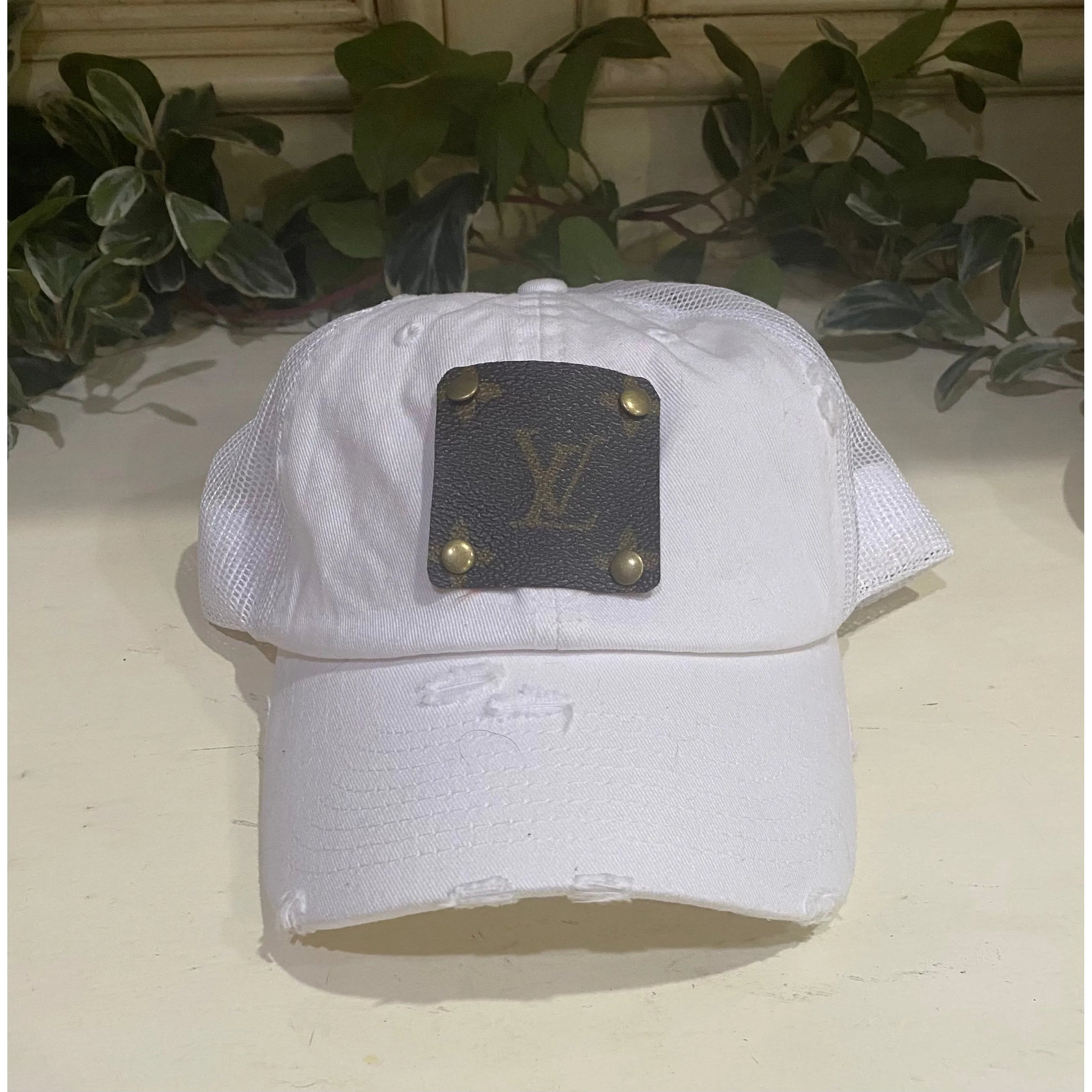 Upcycled Designer Patch Distressed White Trucker Hat