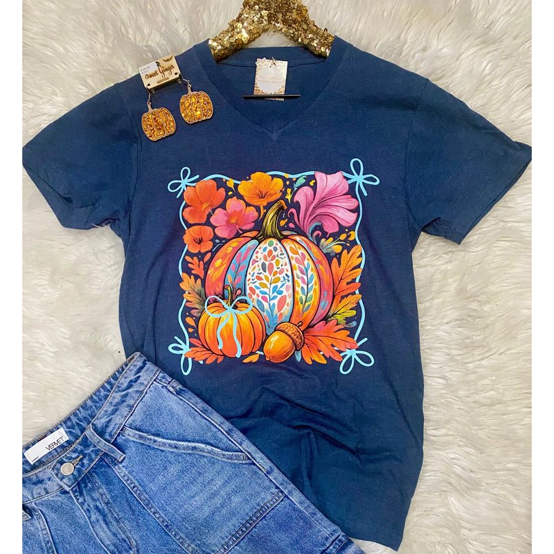 Navy Fall Pumpkins V-Neck Graphic Tee