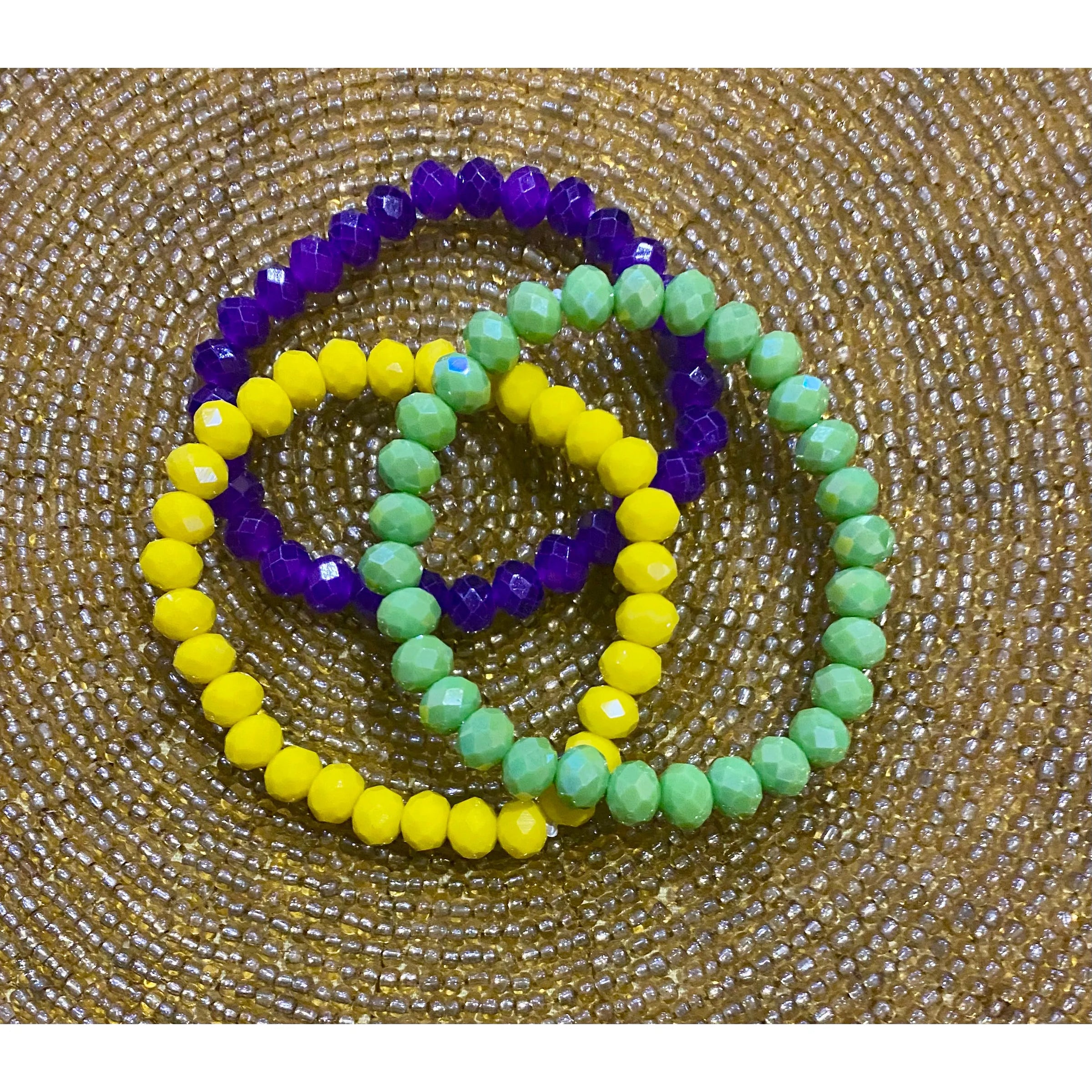 Mardi Gras Crystal Bead Stretch Bracelet Set – 3 Piece