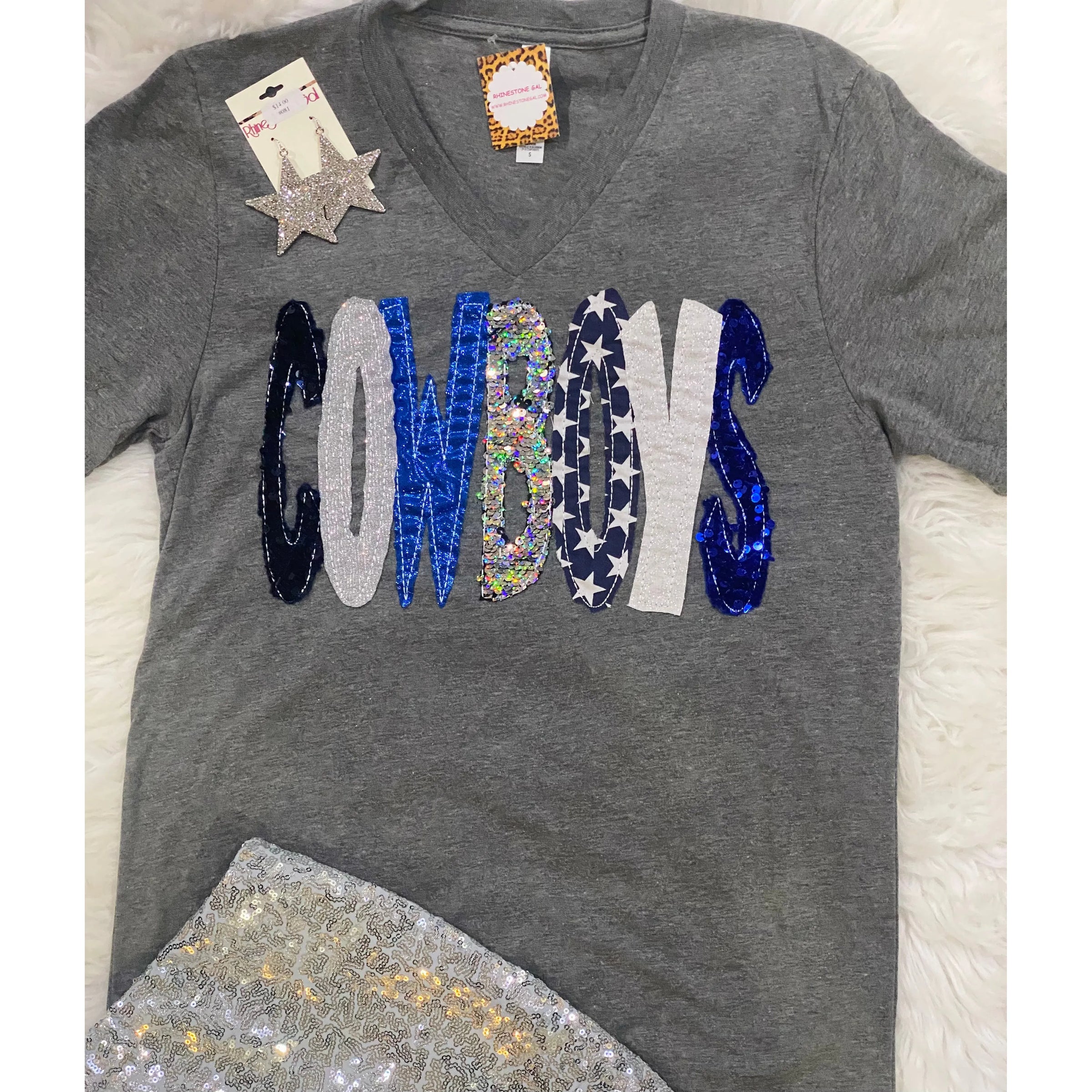 Dallas Cowboys Gray V Neck Tee - Rhinestone Gal