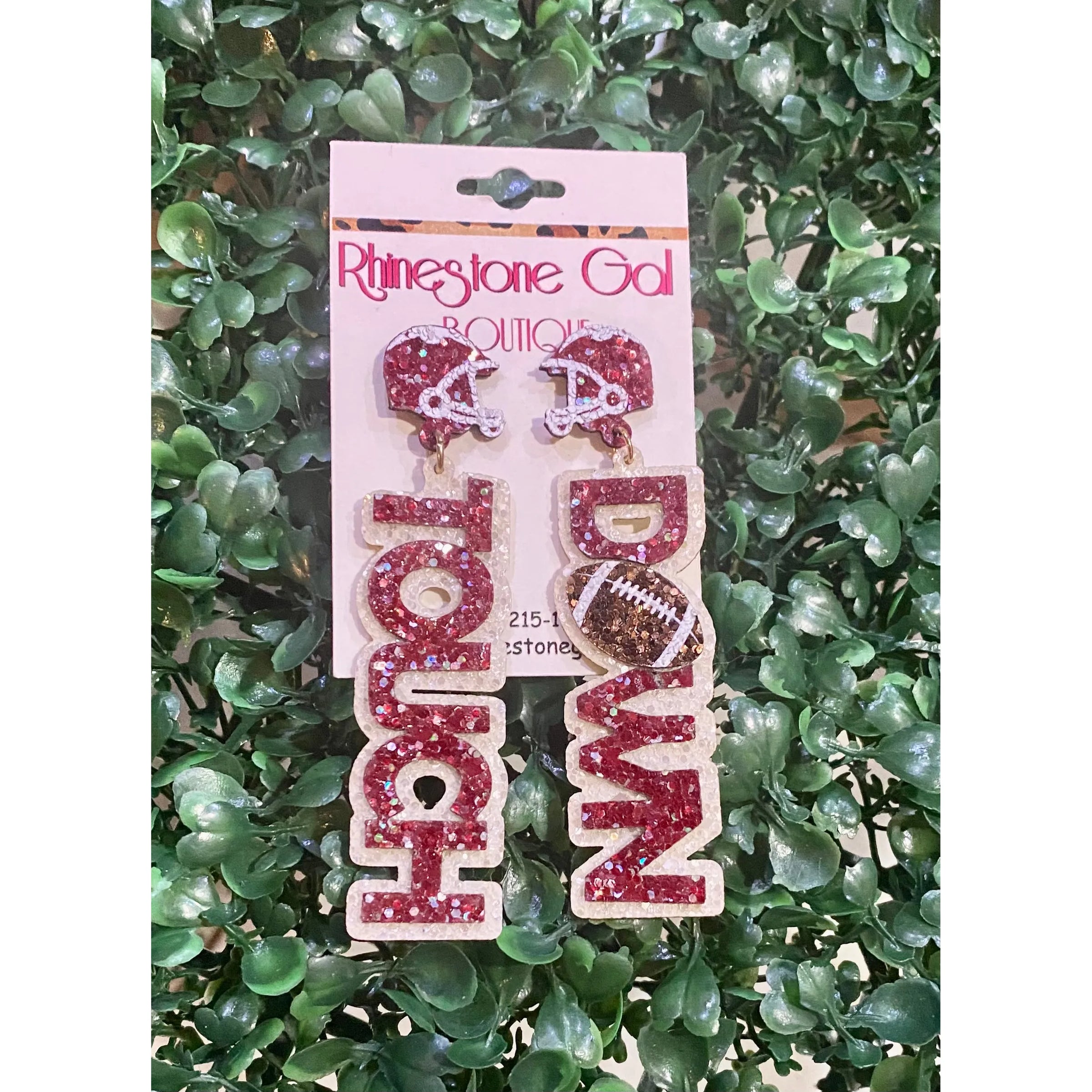 Burgundy and White Glitter Touchdown Football Earrings