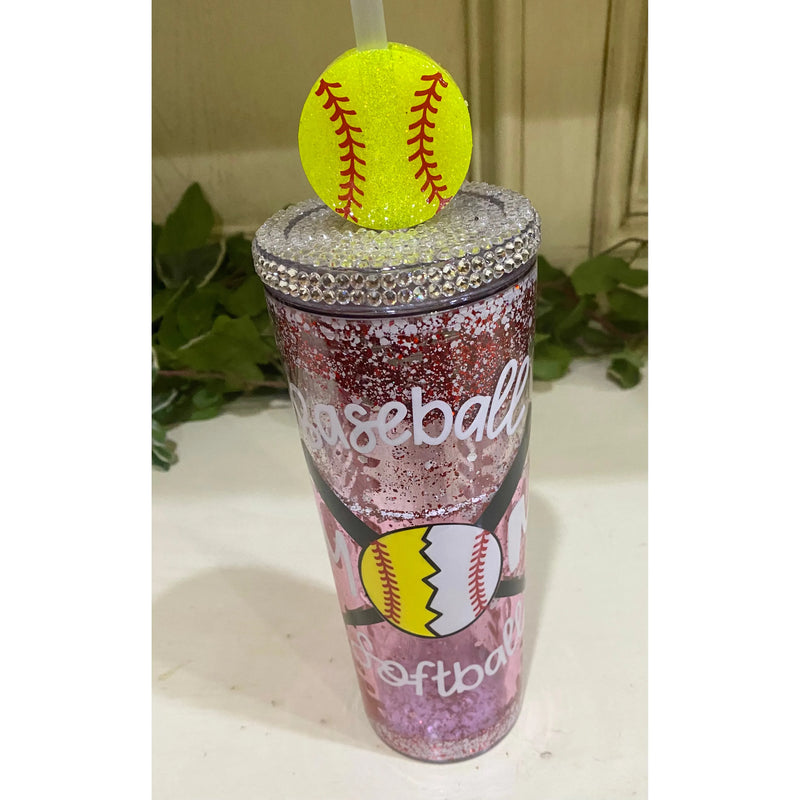 Baseball Softball Mom Glitter Tumbler with Rhinestone Lid & Straw Topper – 18 oz