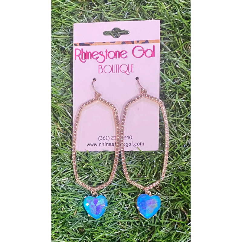 Gold Hex Hoops with Aqua Heart Sparkle