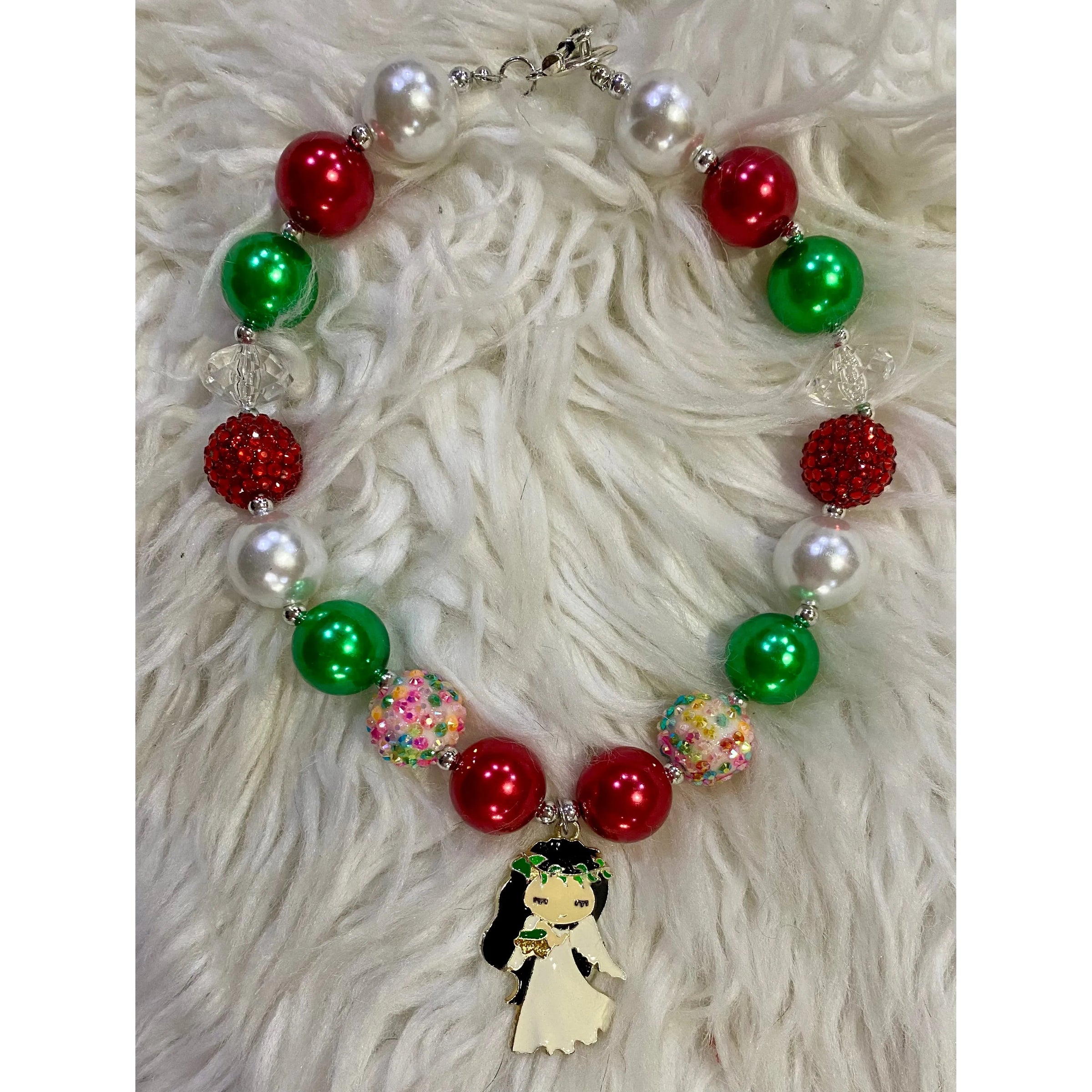 Girls Christmas Bubble Necklace with Angel Pendant – Multi-Color Holiday Necklace