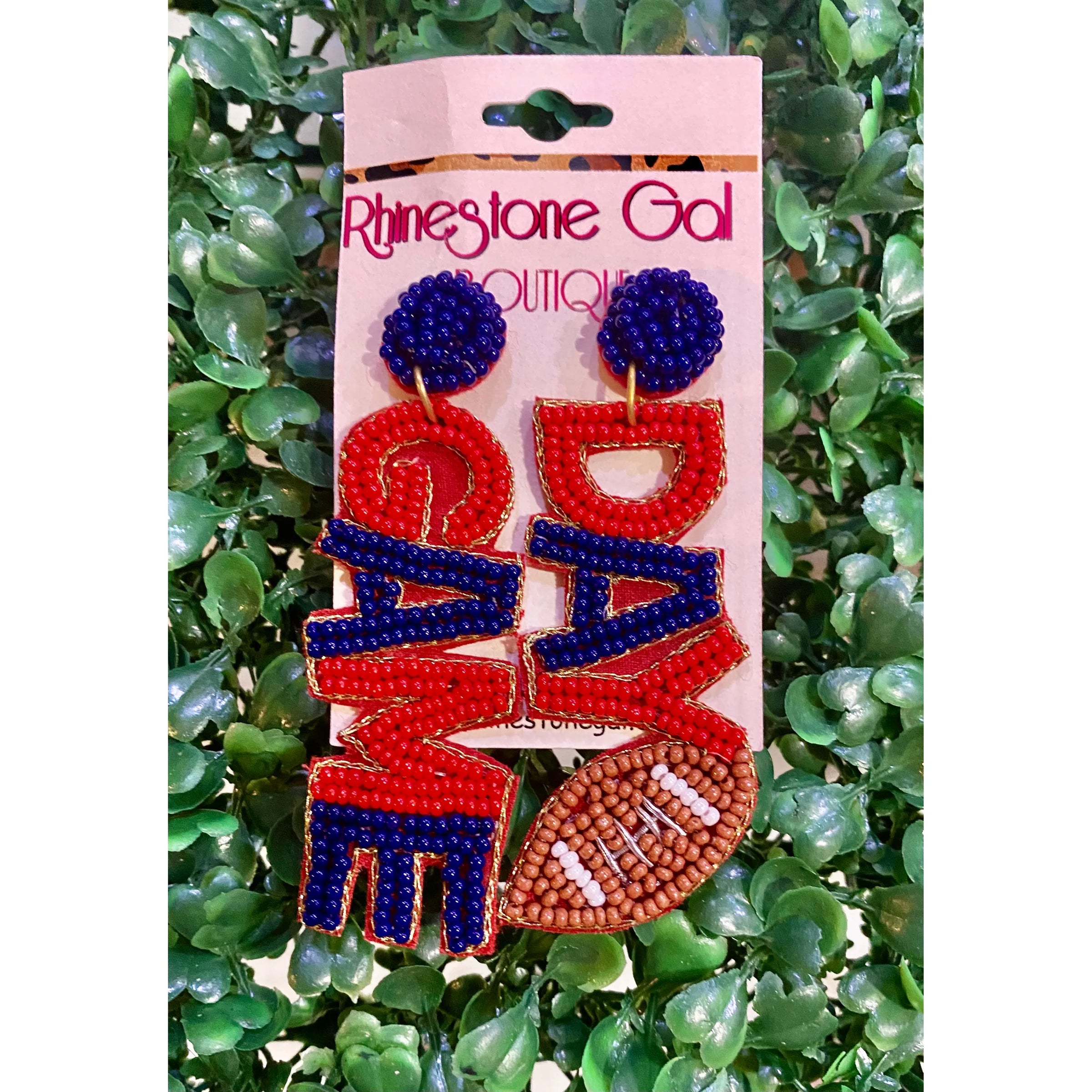 Red and Blue Game Day Seed Bead Football Earrings