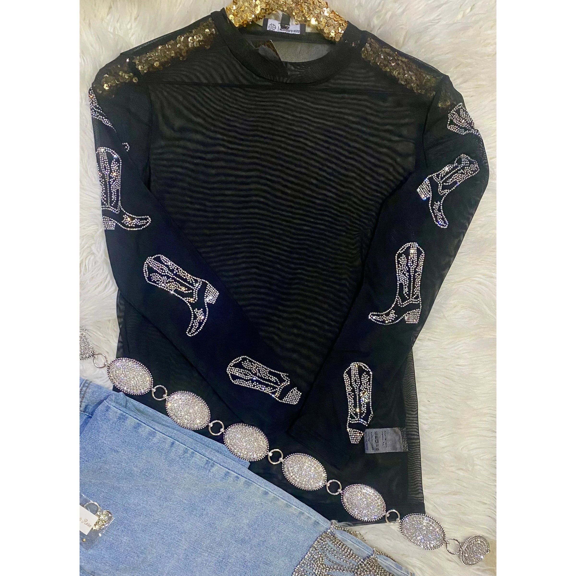 Black Mesh Top with Rhinestone Boot Embellishments