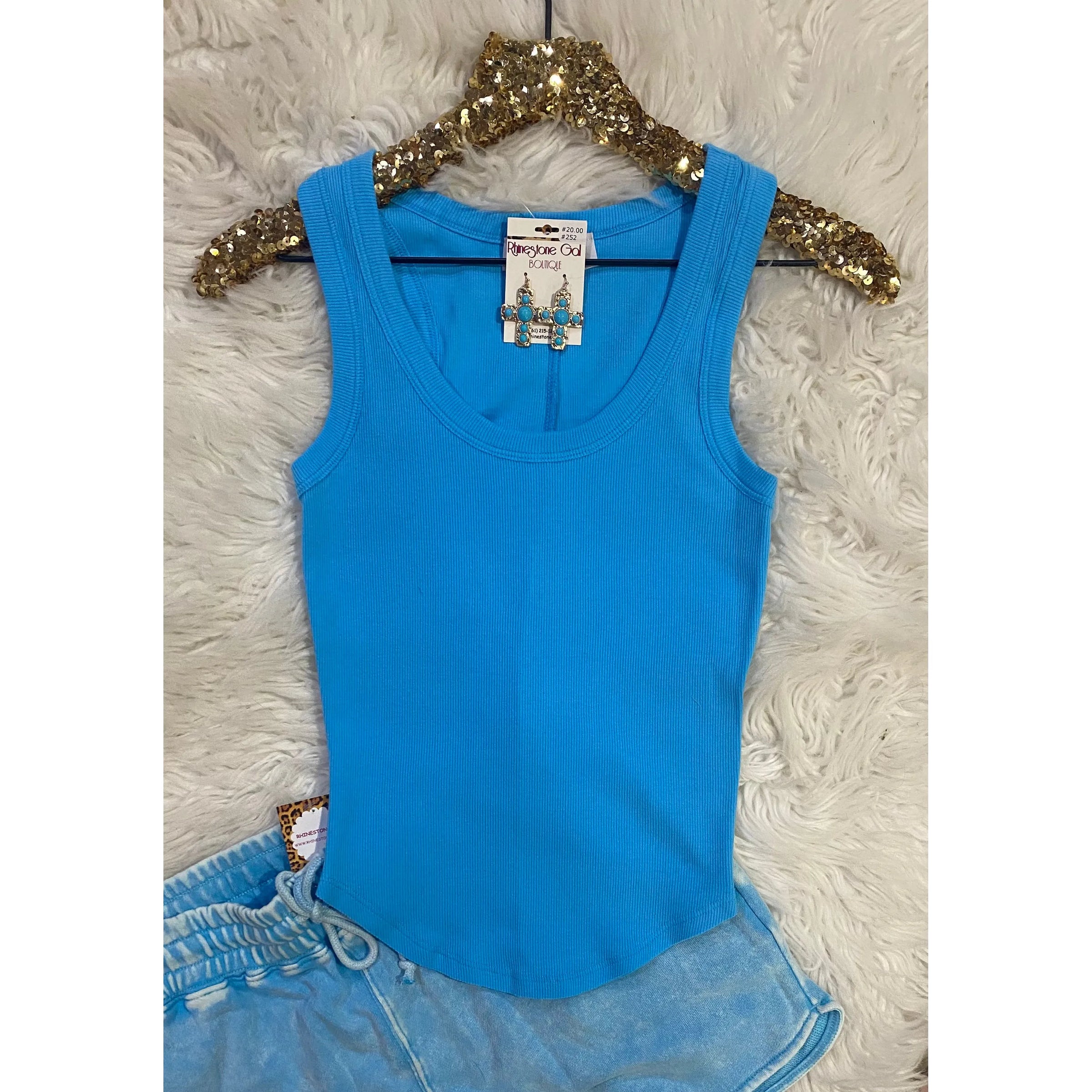 Aqua Blue Ribbed Scoop Neck Tank