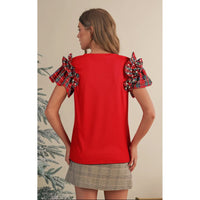 Racing Red Plaid Pearl Ruffle Sleeve Top – Holiday Statement Tee