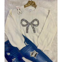 Cream Sequin Bow Sweater – Soft Knit Crew Neck Holiday Pullover