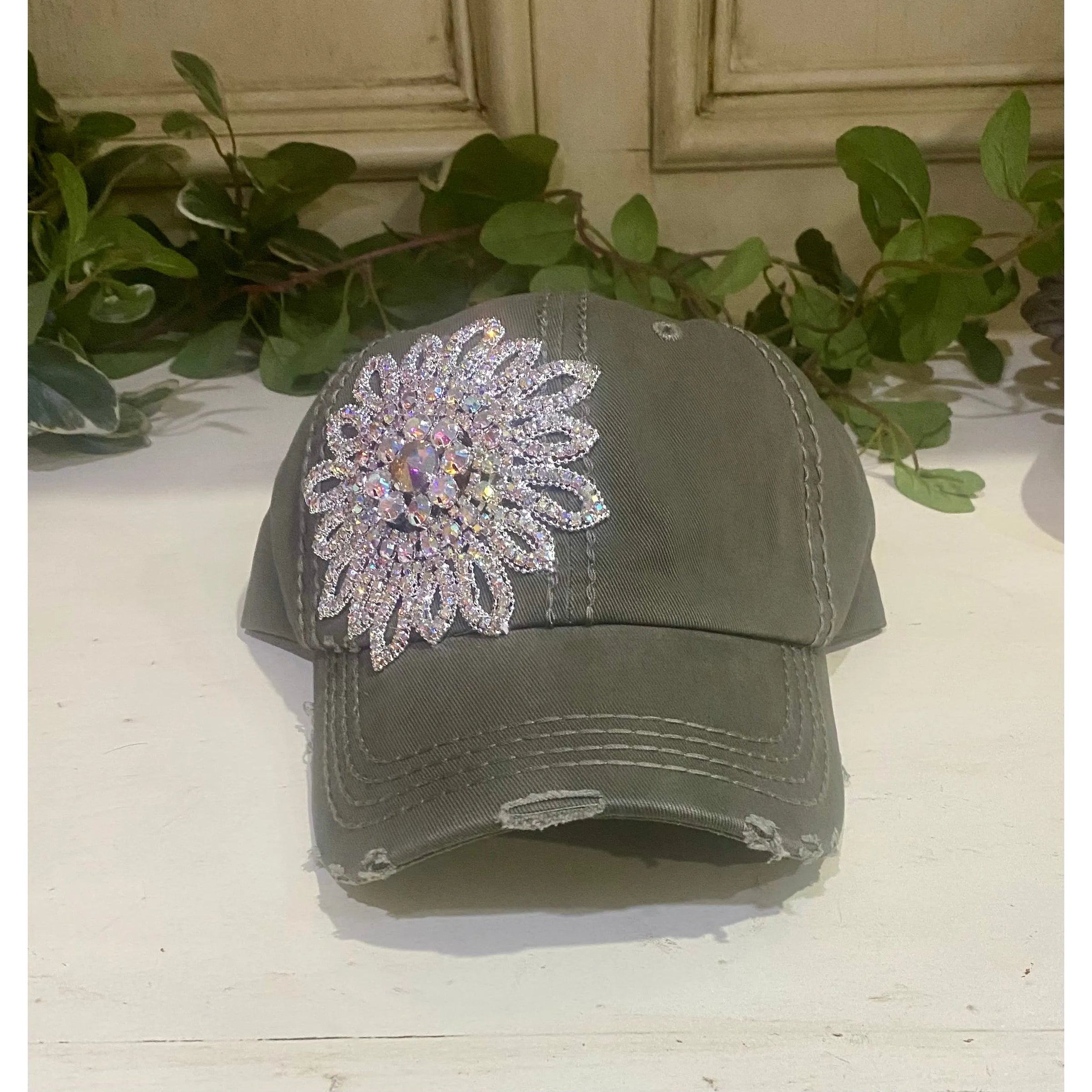 Olive Distressed Baseball Cap with XL Silver AB Crystal Flower