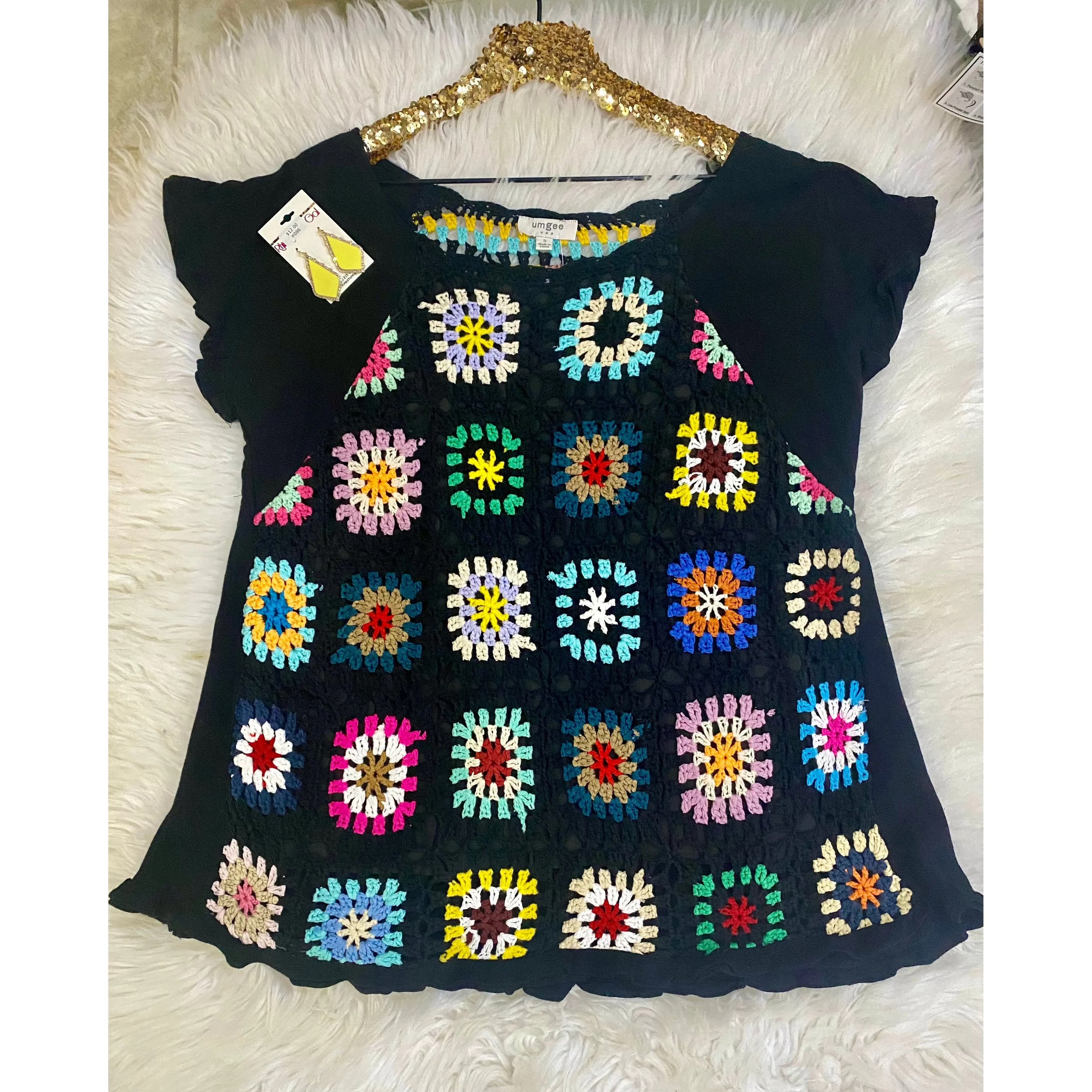 Black Linen Top with Colorful Crochet Patches