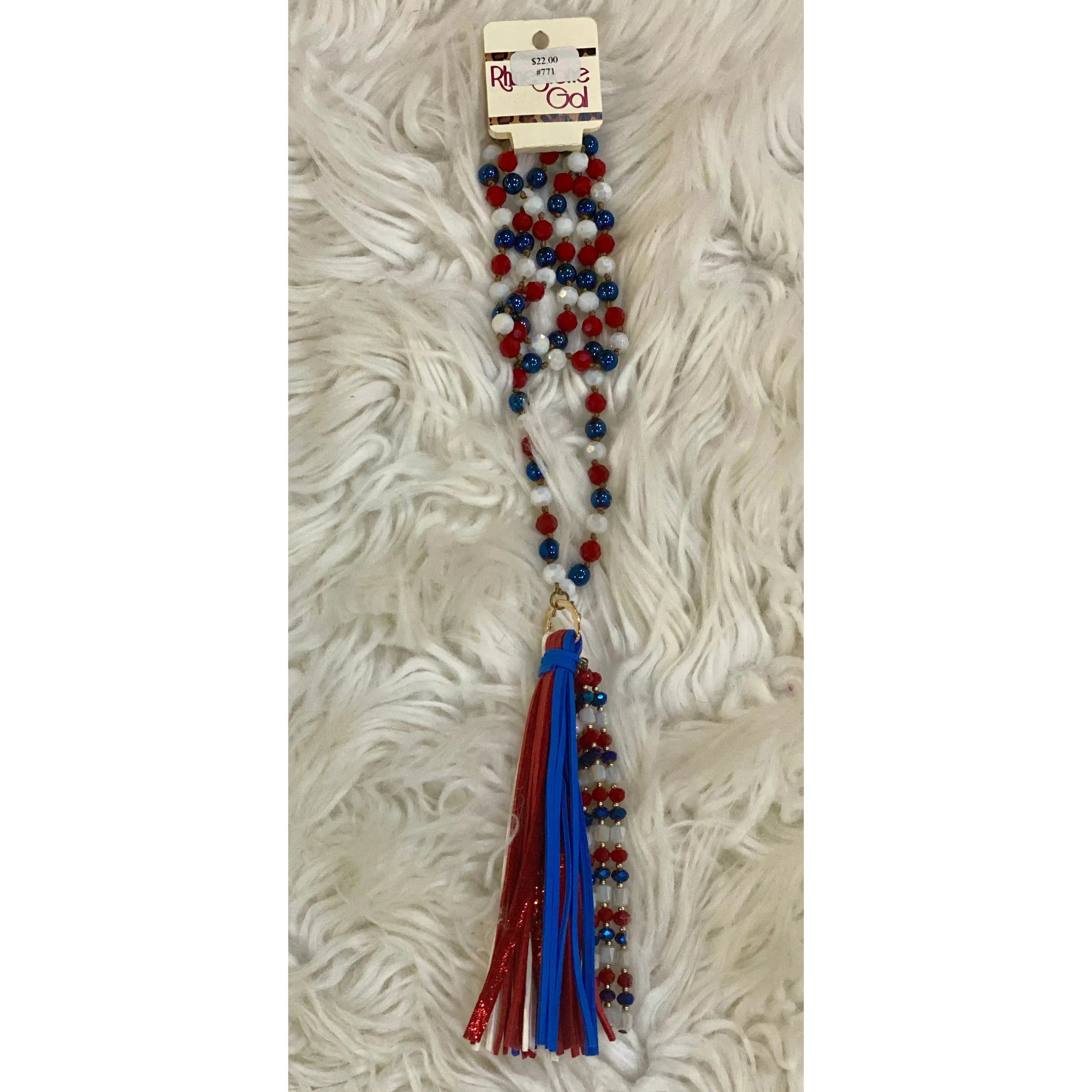 Red White and Blue Long Beaded Tassel Necklace