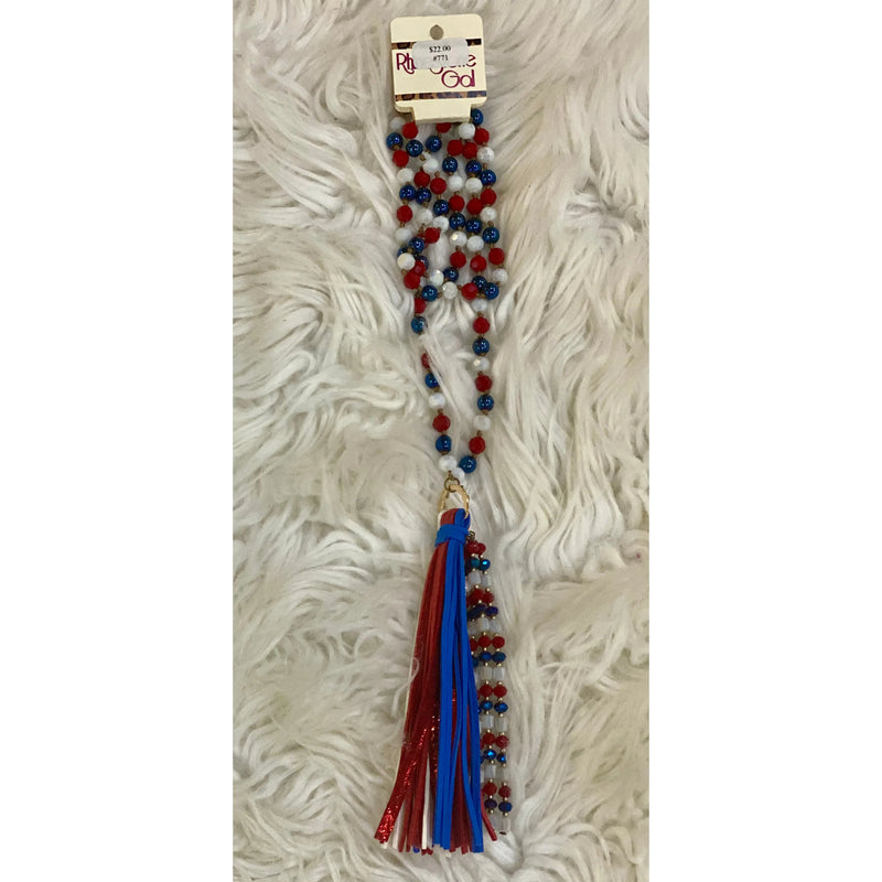 Red White and Blue Long Beaded Tassel Necklace