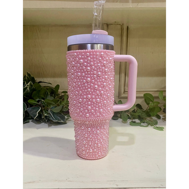 Pink Pearl Rhinestone 40 oz Stainless Steel Tumbler with Handle